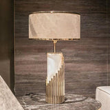 Streamline Modern Gold Marble Table Lamp with Champagne Fabric Shade and White Lacquered Base