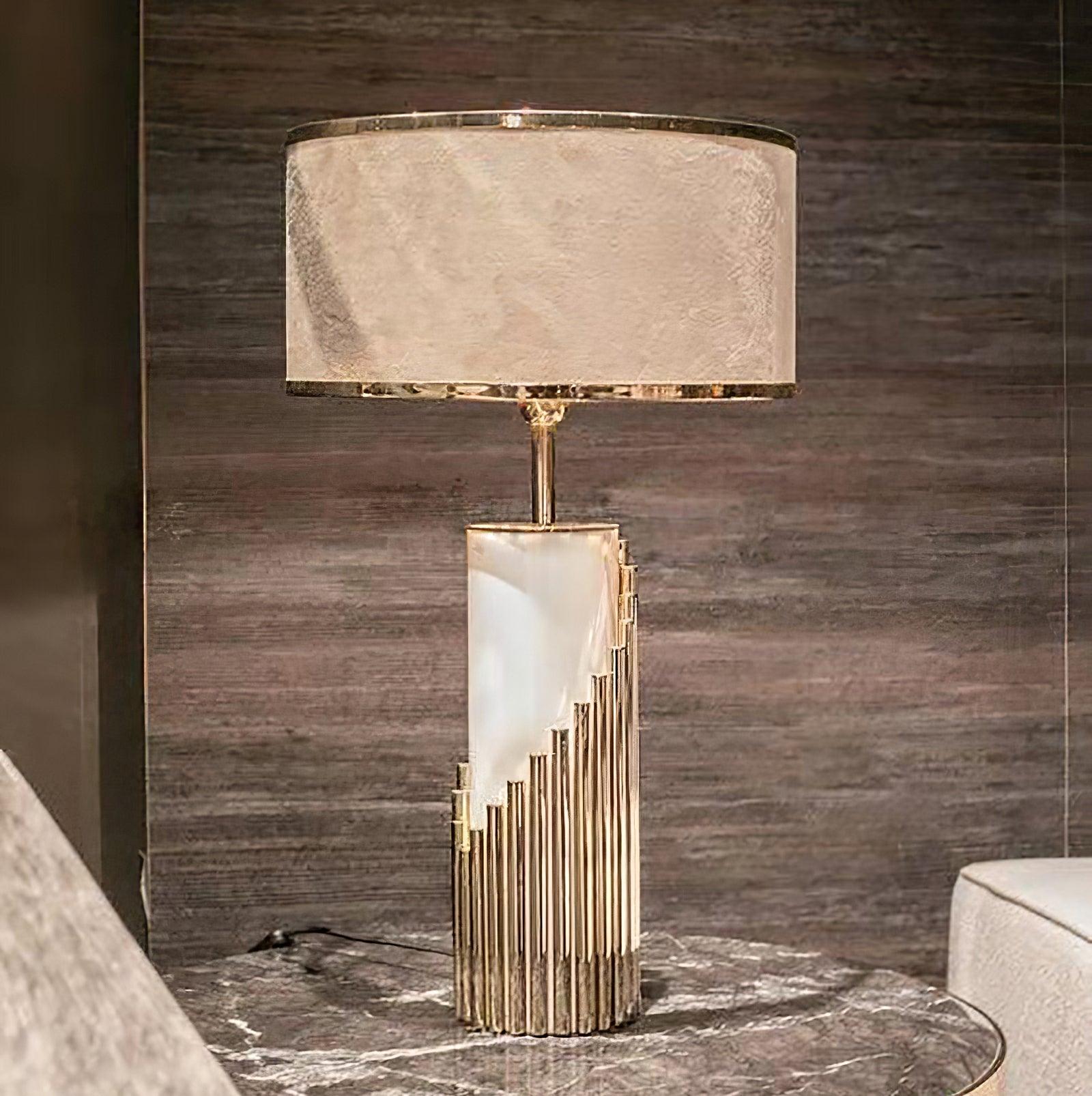 Streamline Modern Gold Marble Table Lamp with Champagne Fabric Shade and White Lacquered Base