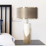 Streamline Modern Gold Marble Table Lamp with Champagne Fabric Shade and White Lacquered Base