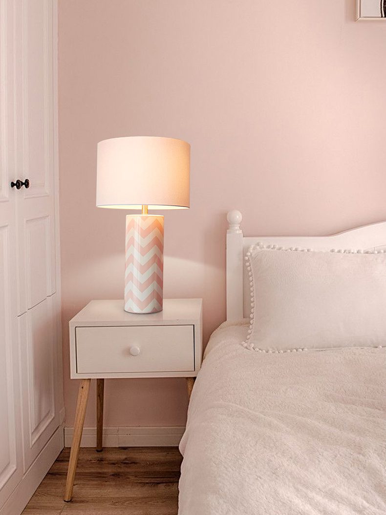 modern-navy-striped-wave-ceramic-table-lamp-with-cream-cotton-drum-shade-for-bedroom