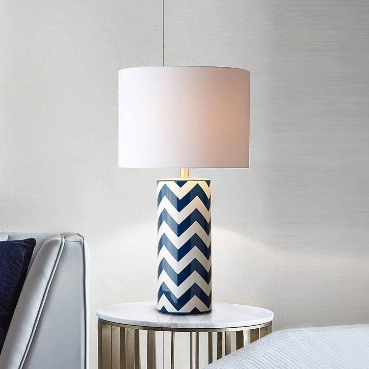 modern-navy-striped-wave-ceramic-table-lamp-with-cream-cotton-drum-shade-for-bedroom
