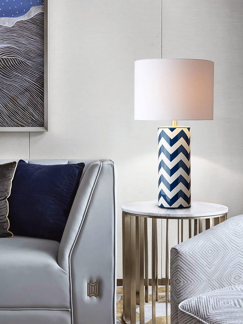modern-navy-striped-wave-ceramic-table-lamp-with-cream-cotton-drum-shade-for-bedroom