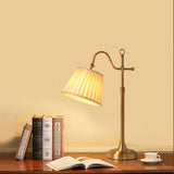 Traditional Antique Brass Table Lamp with Pleated Cream Shade and Adjustable Height