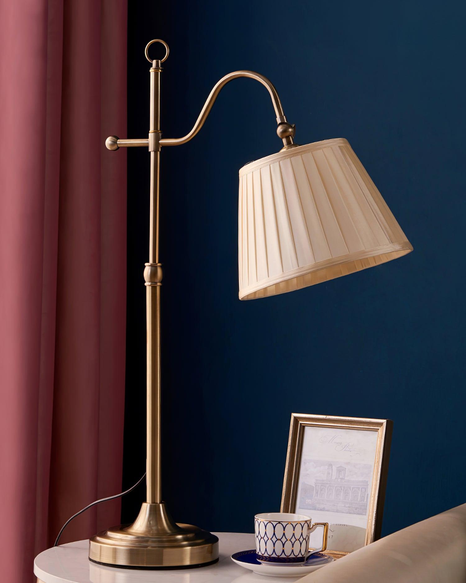 Traditional Antique Brass Table Lamp with Pleated Cream Shade and Adjustable Height