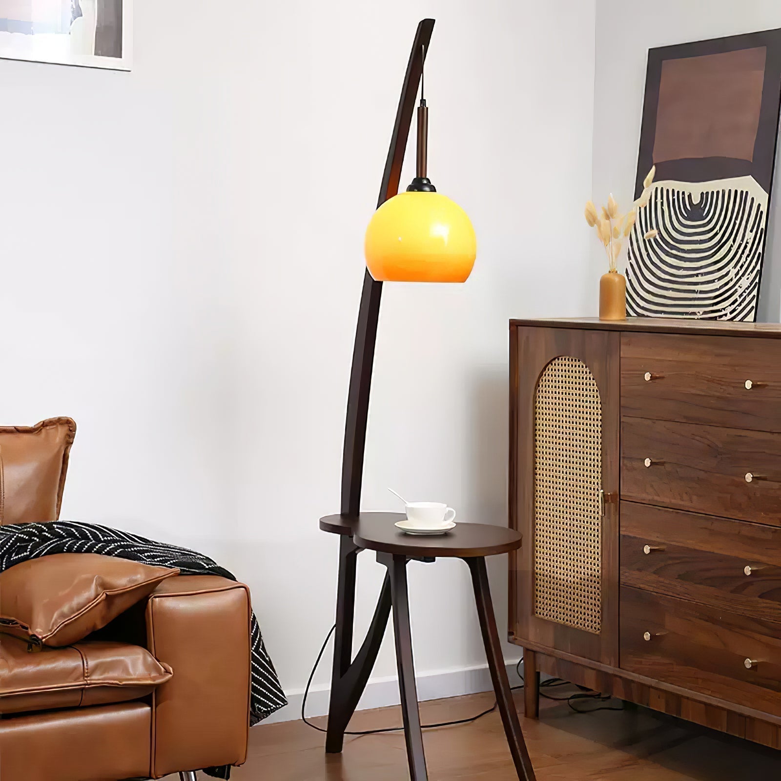 Walnut Wood Arc Floor Lamp with Caramel Glass Shade for Ambient Living Room Lighting