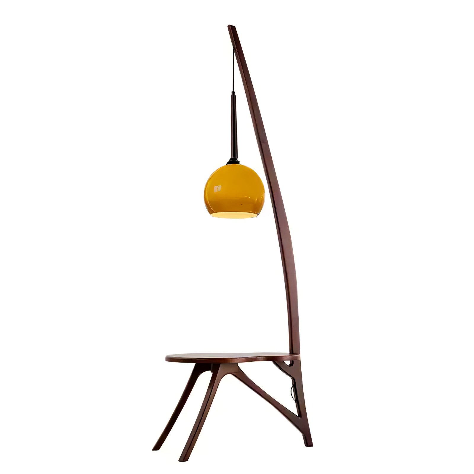 Walnut Wood Arc Floor Lamp with Caramel Glass Shade for Ambient Living Room Lighting