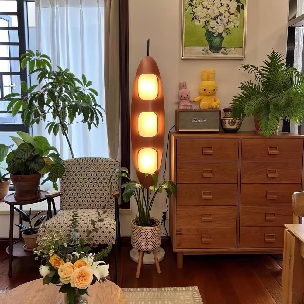 Modern Coastal Teak Wood Surfboard LED Floor Lamp with Marble Base