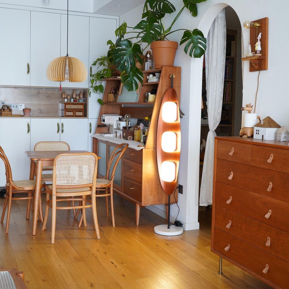 Modern Coastal Teak Wood Surfboard LED Floor Lamp with Marble Base