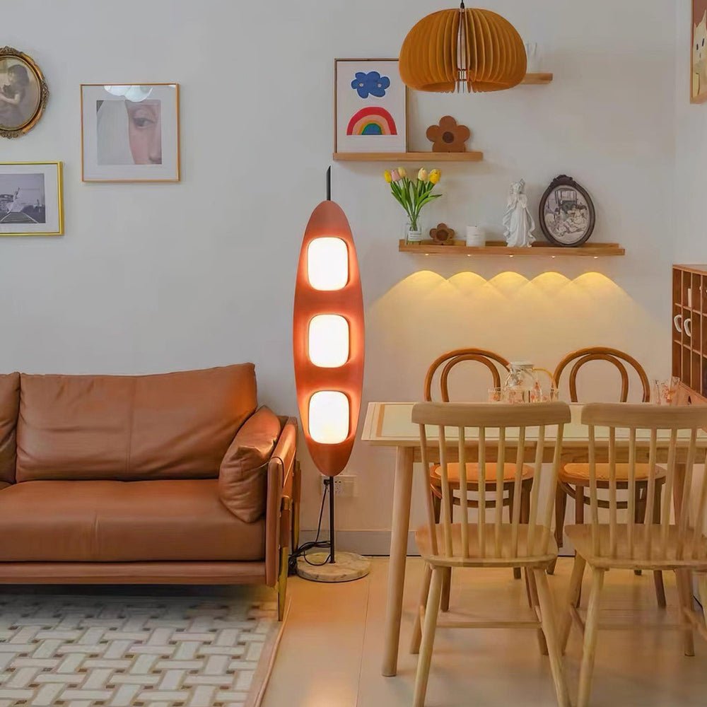 Modern Coastal Teak Wood Surfboard LED Floor Lamp with Marble Base