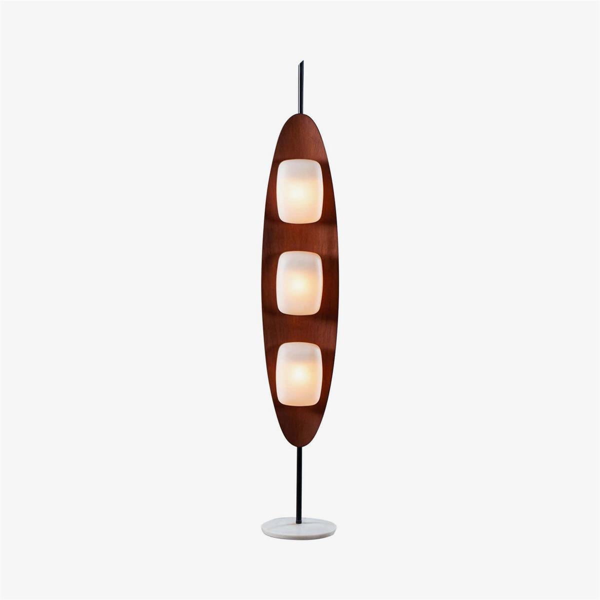 Modern Coastal Teak Wood Surfboard LED Floor Lamp with Marble Base