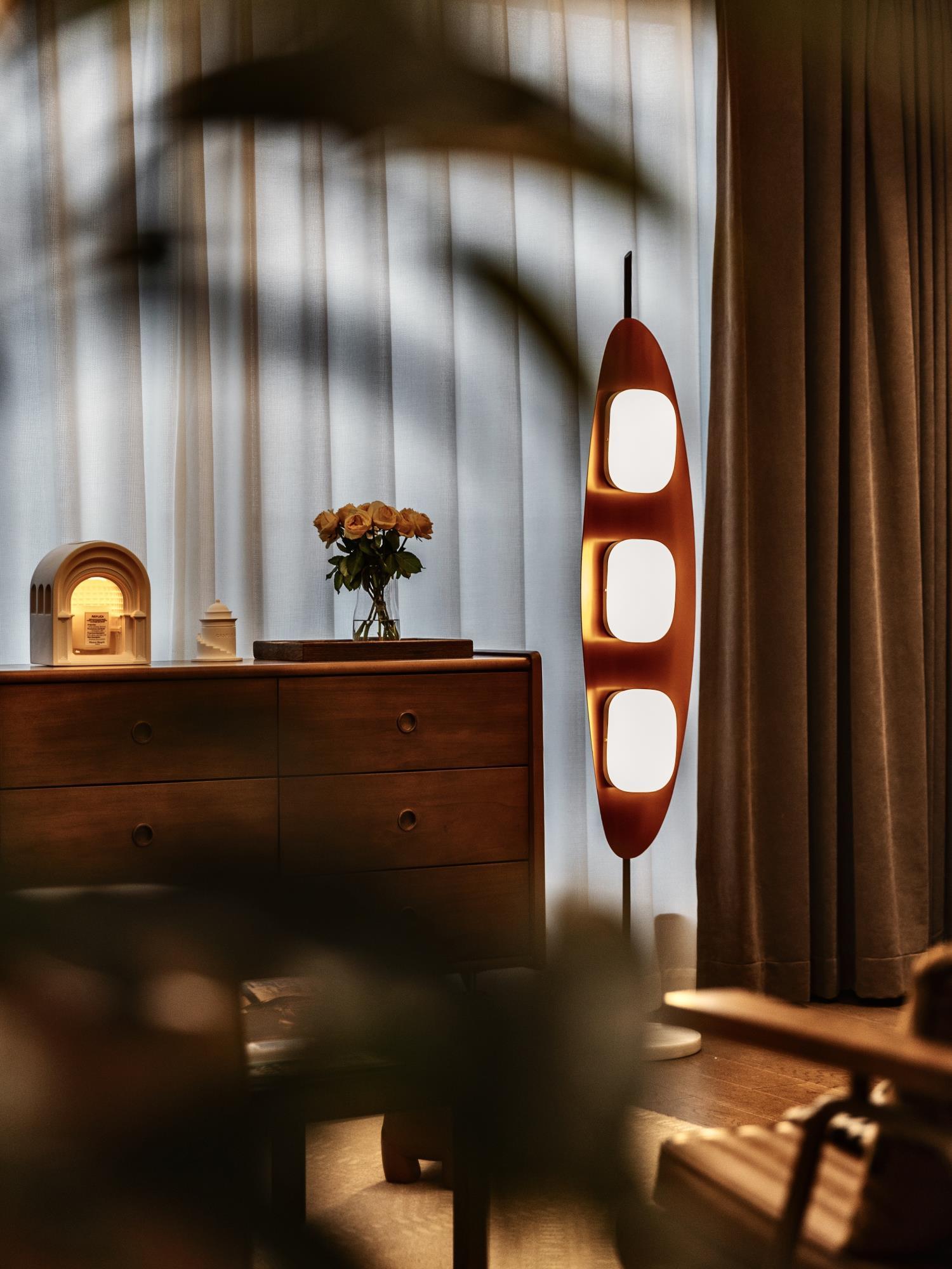 Modern Coastal Teak Wood Surfboard LED Floor Lamp with Marble Base