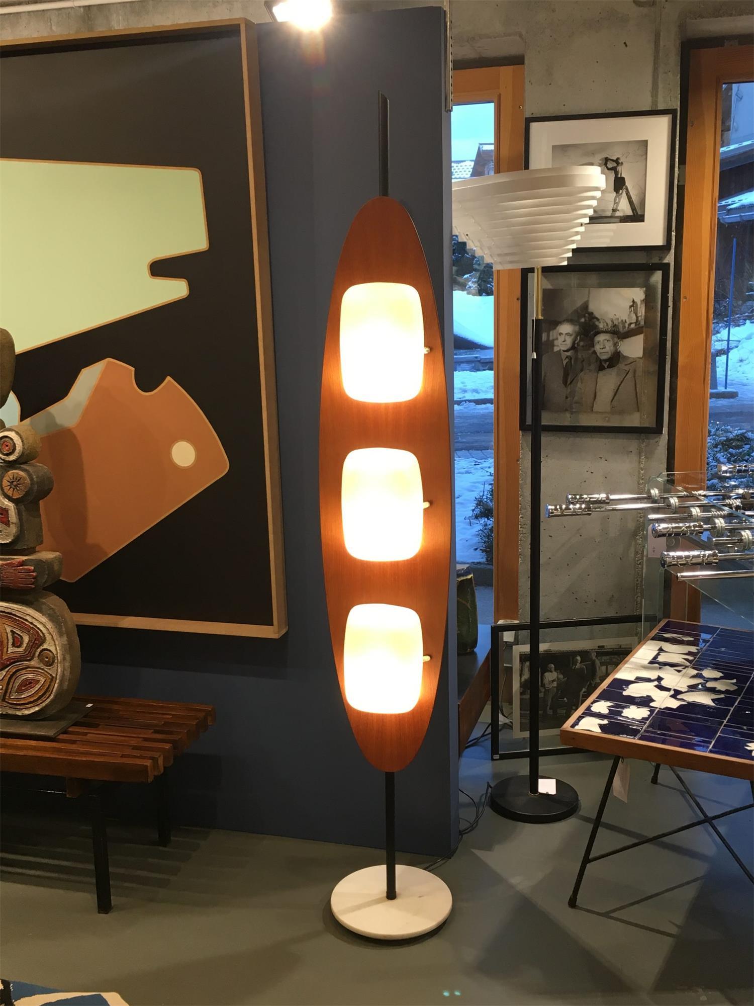 Modern Coastal Teak Wood Surfboard LED Floor Lamp with Marble Base