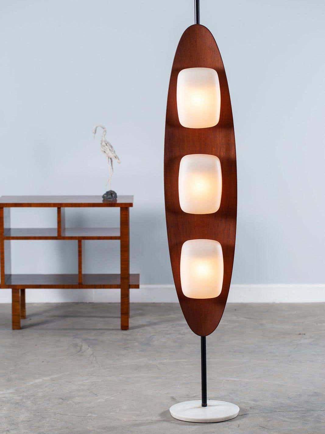 Modern Coastal Teak Wood Surfboard LED Floor Lamp with Marble Base