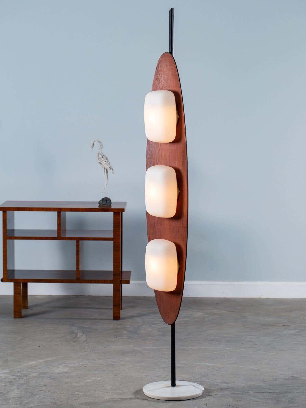 Modern Coastal Teak Wood Surfboard LED Floor Lamp with Marble Base