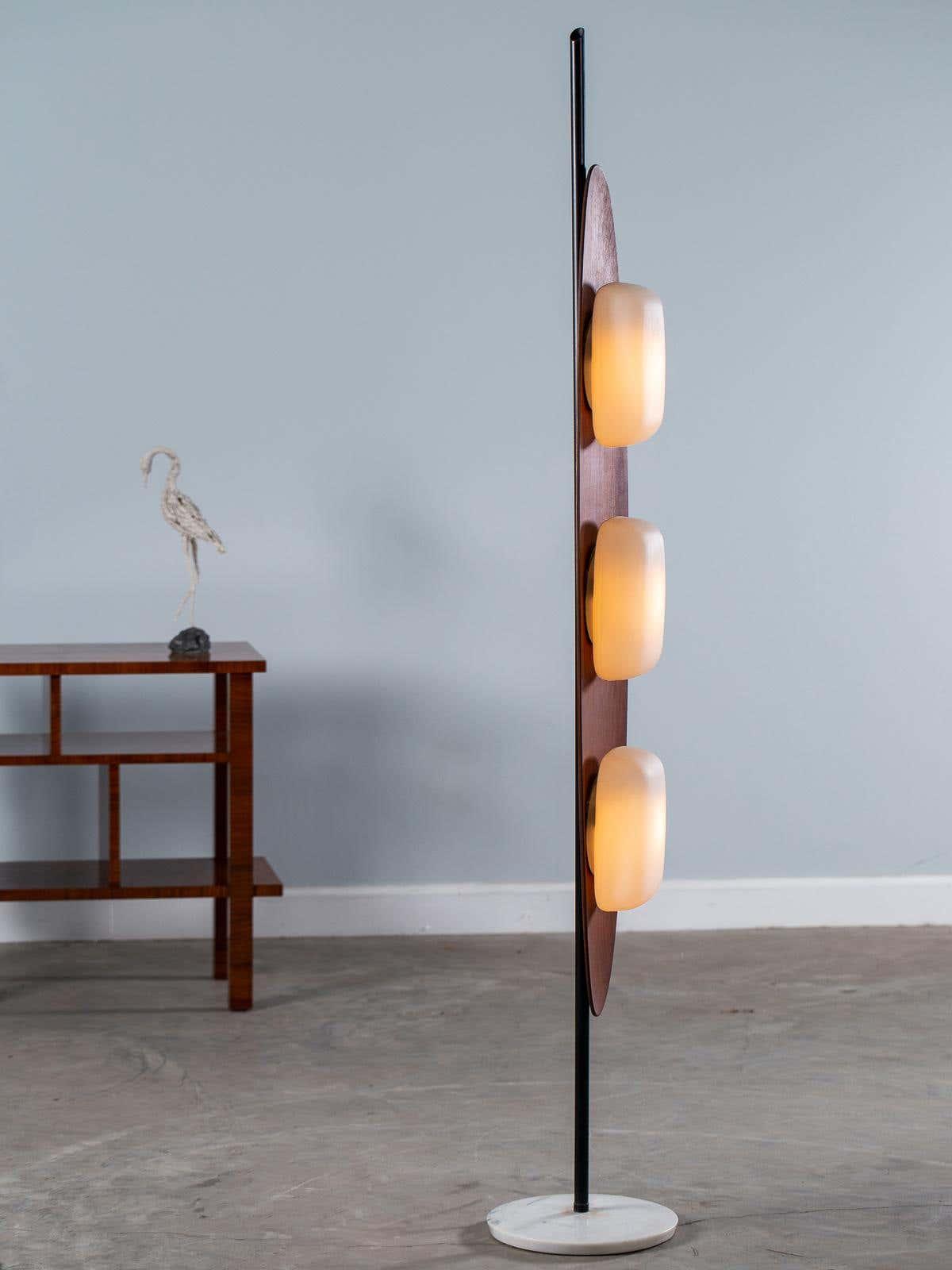 Modern Coastal Teak Wood Surfboard LED Floor Lamp with Marble Base