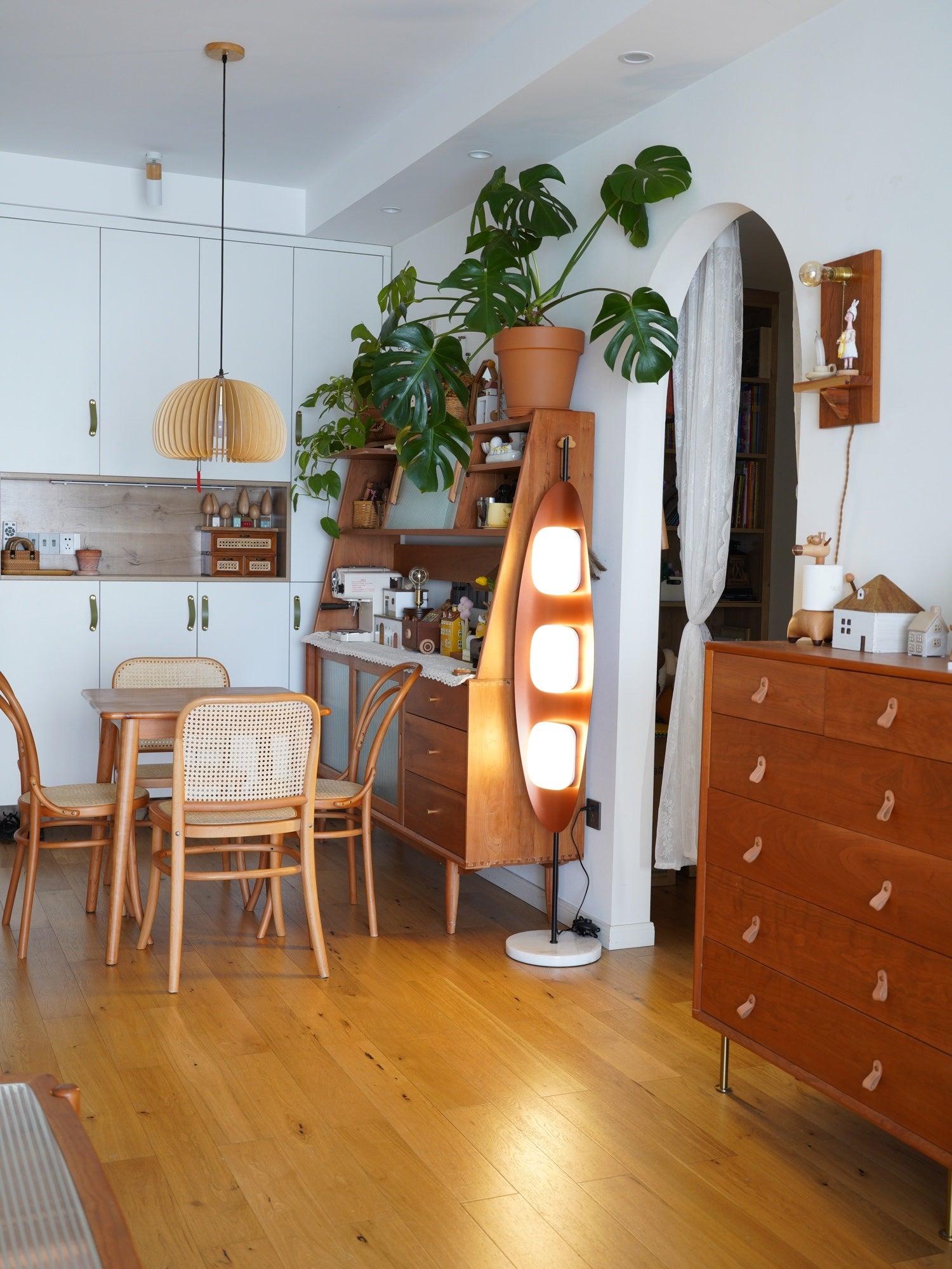 Modern Coastal Teak Wood Surfboard LED Floor Lamp with Marble Base