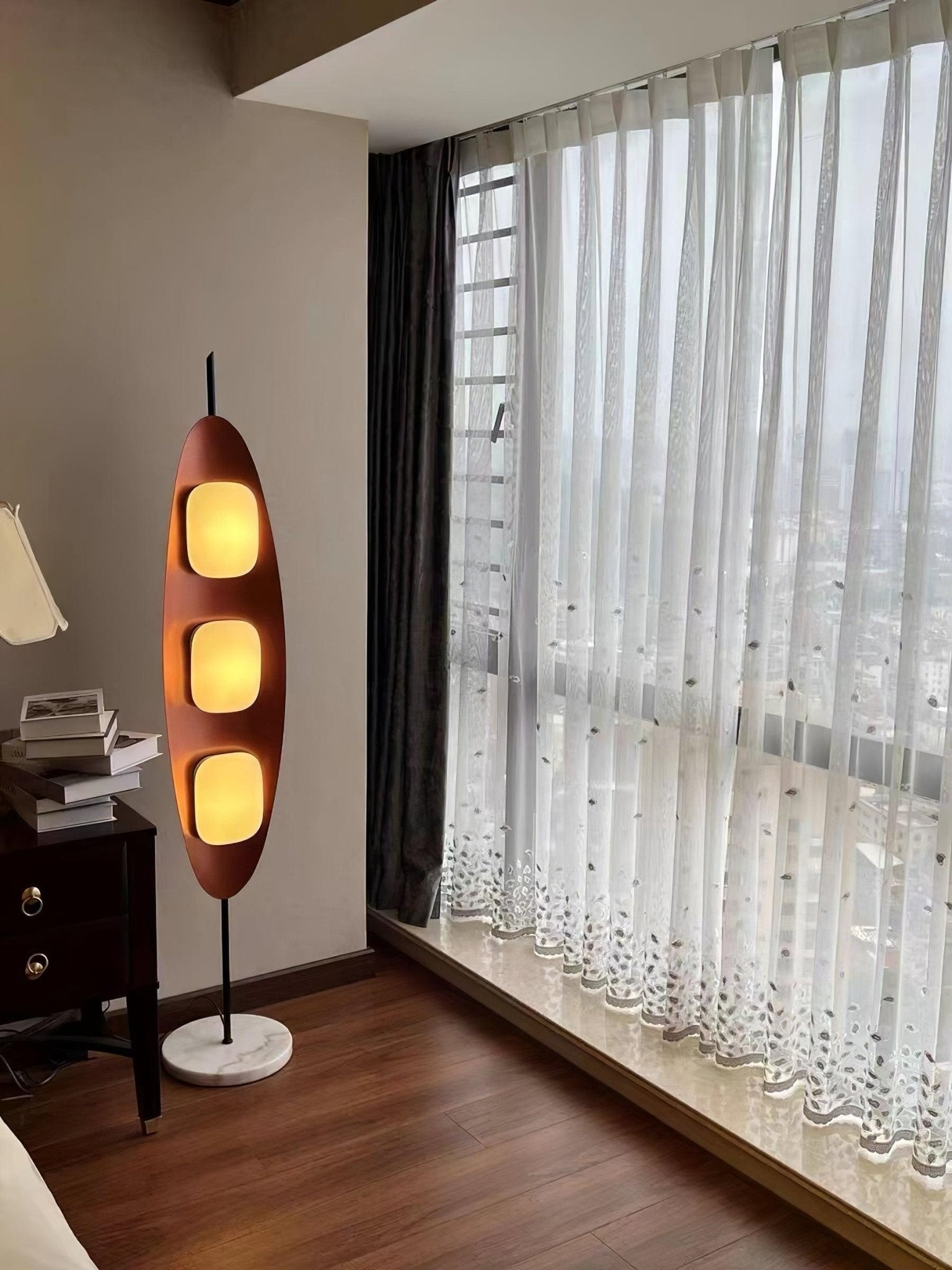 Modern Coastal Teak Wood Surfboard LED Floor Lamp with Marble Base