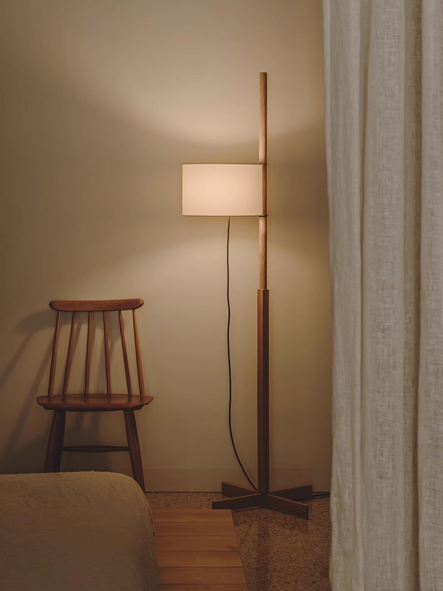 Modern Slim Silhouette Floor Lamp with Geometric Wood Base and White Fabric Shade