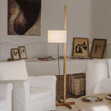 Modern Slim Silhouette Floor Lamp with Geometric Wood Base and White Fabric Shade