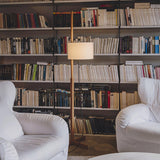 Modern Slim Silhouette Floor Lamp with Geometric Wood Base and White Fabric Shade