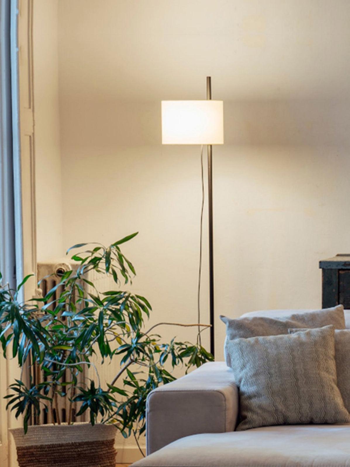 Modern Slim Silhouette Floor Lamp with Geometric Wood Base and White Fabric Shade