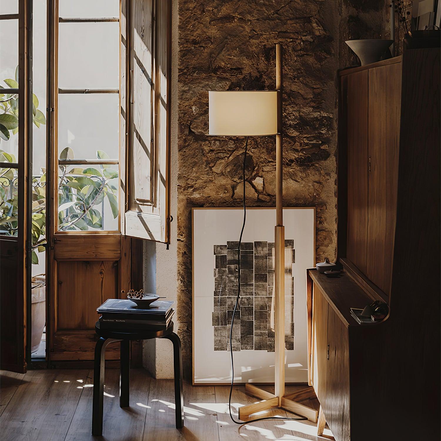 Modern Slim Silhouette Floor Lamp with Geometric Wood Base and White Fabric Shade