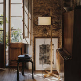 Modern Slim Silhouette Floor Lamp with Geometric Wood Base and White Fabric Shade