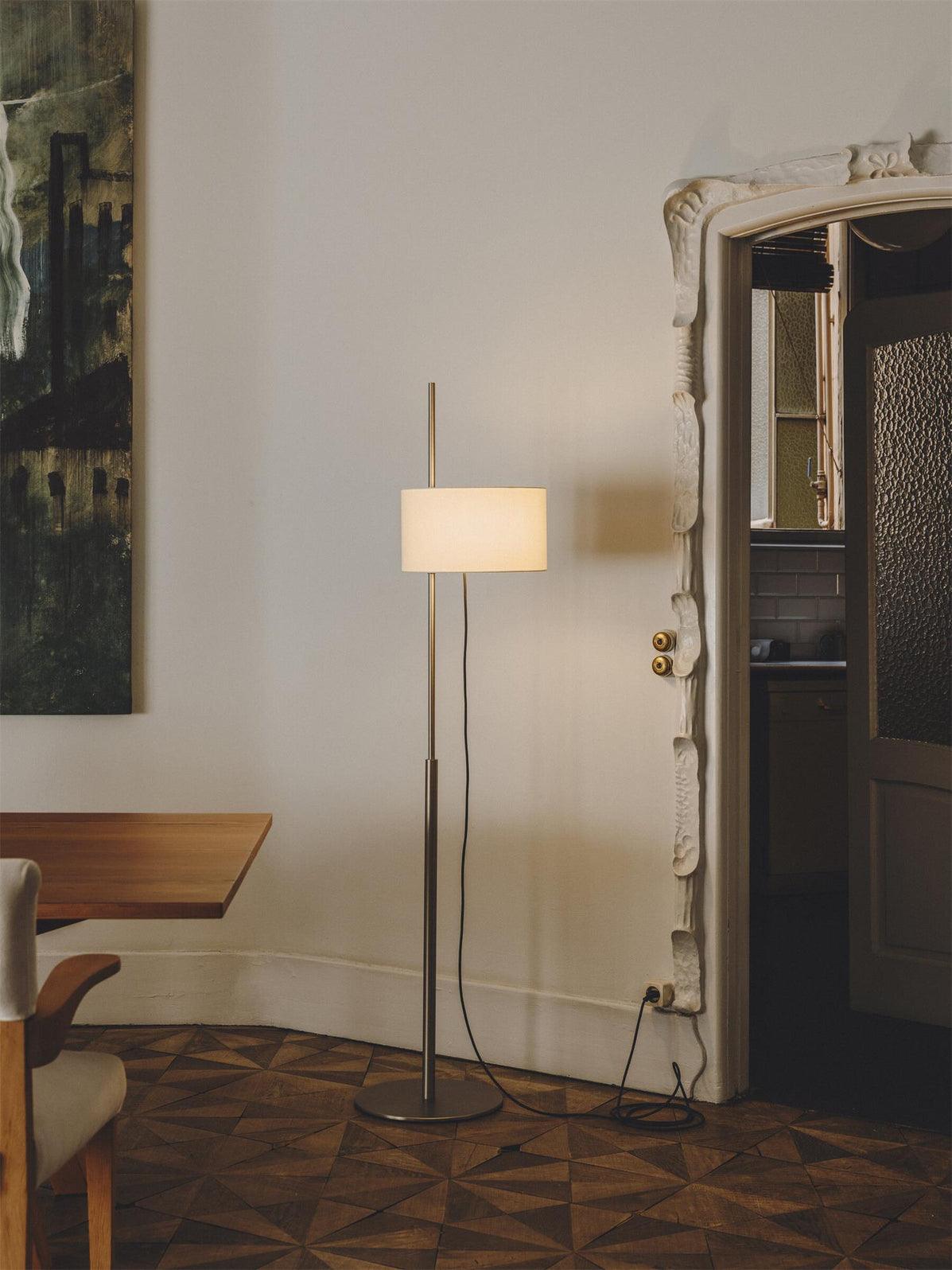 Modern Slim Silhouette Floor Lamp with Geometric Wood Base and White Fabric Shade