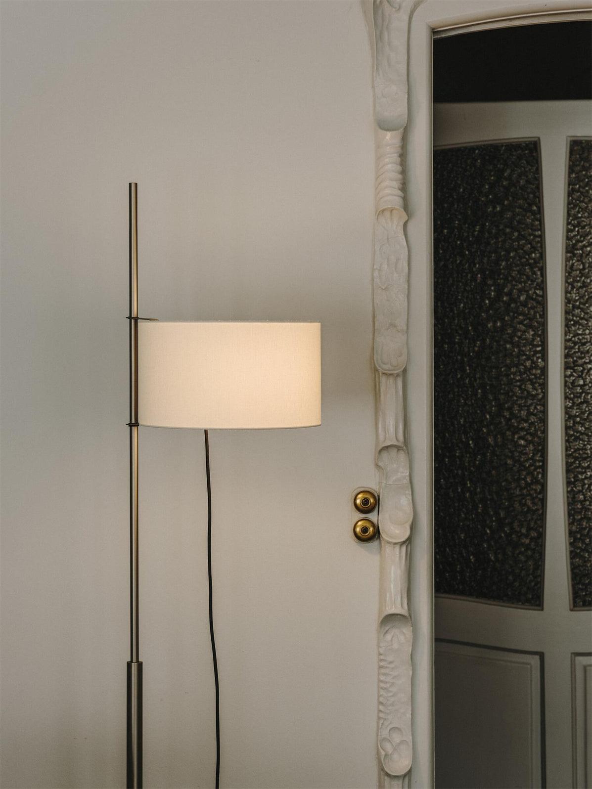 Modern Slim Silhouette Floor Lamp with Geometric Wood Base and White Fabric Shade