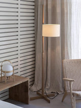 Modern Slim Silhouette Floor Lamp with Geometric Wood Base and White Fabric Shade
