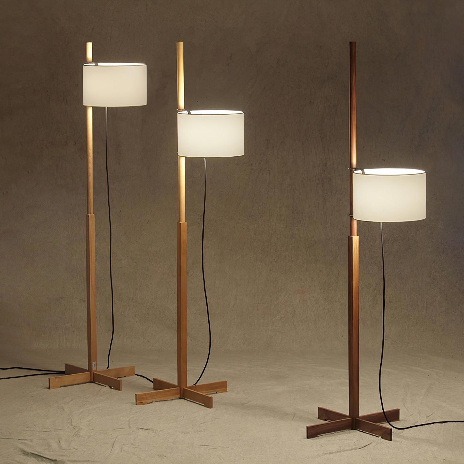 Modern Slim Silhouette Floor Lamp with Geometric Wood Base and White Fabric Shade