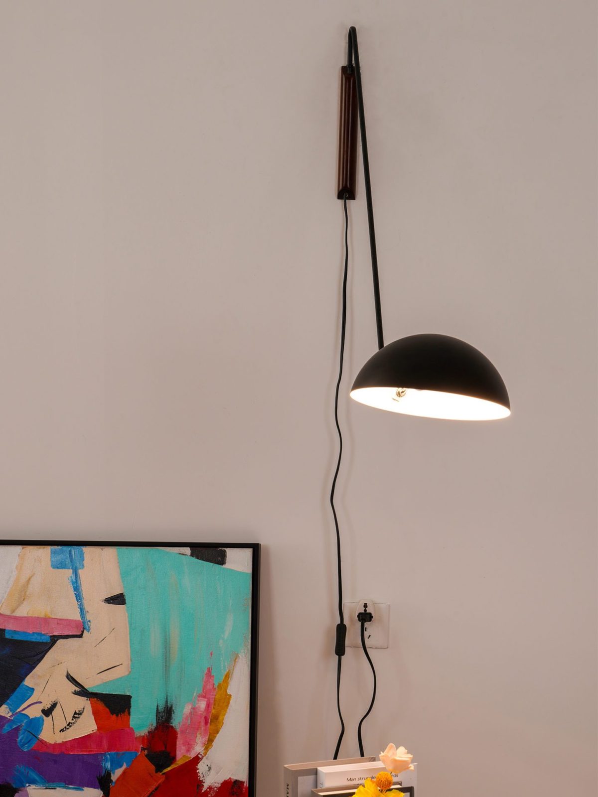 modern-adjustable-swing-arm-wall-lamp-with-dome-shade-and-wood-detail-plug-in-sconce