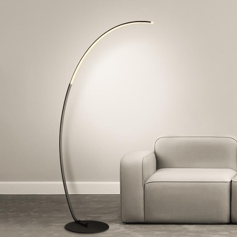 Modern Black LED Arc Floor Lamp with Remote Control and Dimmable Strip Light