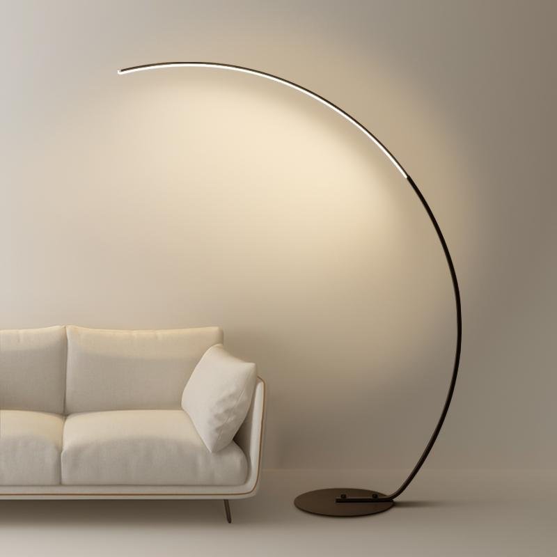 Modern Black LED Arc Floor Lamp with Remote Control and Dimmable Strip Light