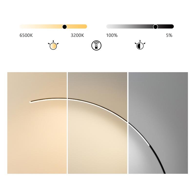 Modern Black LED Arc Floor Lamp with Remote Control and Dimmable Strip Light