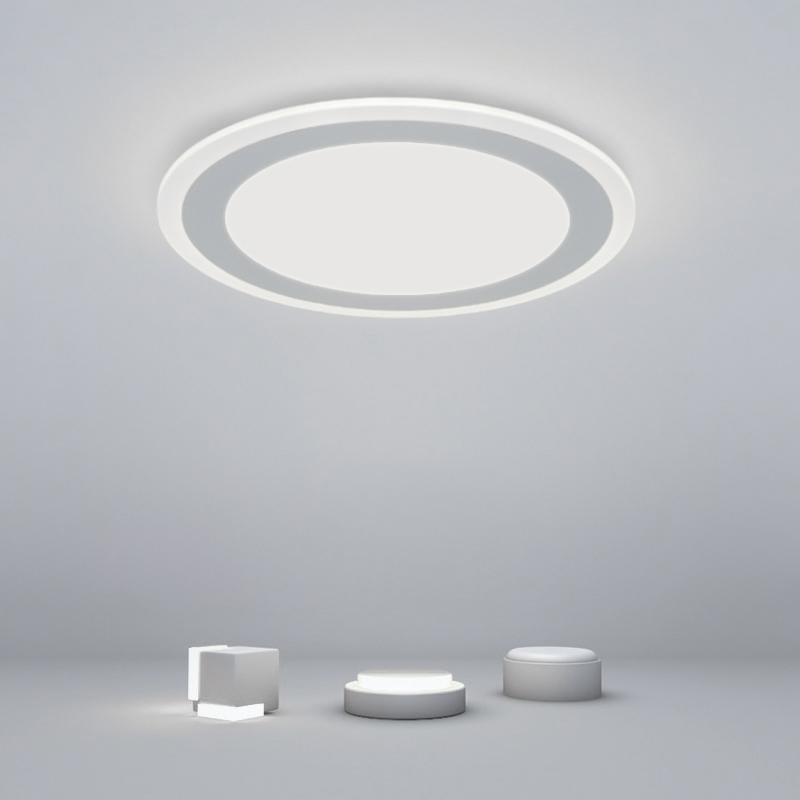 Minimalist White Round Flush Mount LED Ceiling Light with Gray Accent for Bedroom and Living Room