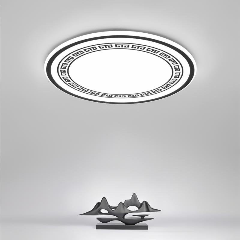 Modern Geometric Round Flush Mount Ceiling Light with Black and White Iron Pattern for Kitchen and Dining Room