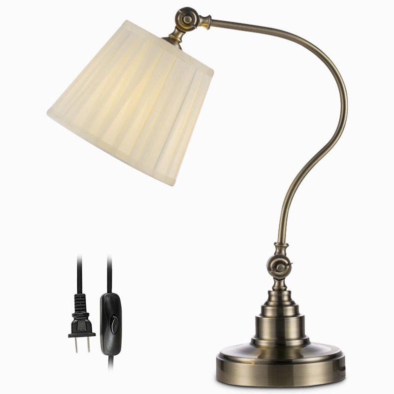 Modern Arched Metal Desk Lamp with Empire Pleated Linen Shade and Adjustable Arm