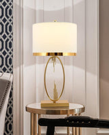 Modern Copper Metal Table Lamp with White Linen Shade for Bedroom and Office
