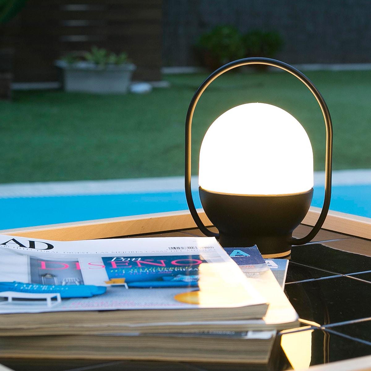 Portable LED Table Lamp with Glass Shade and Integrated Metal Handle for Indoor Use