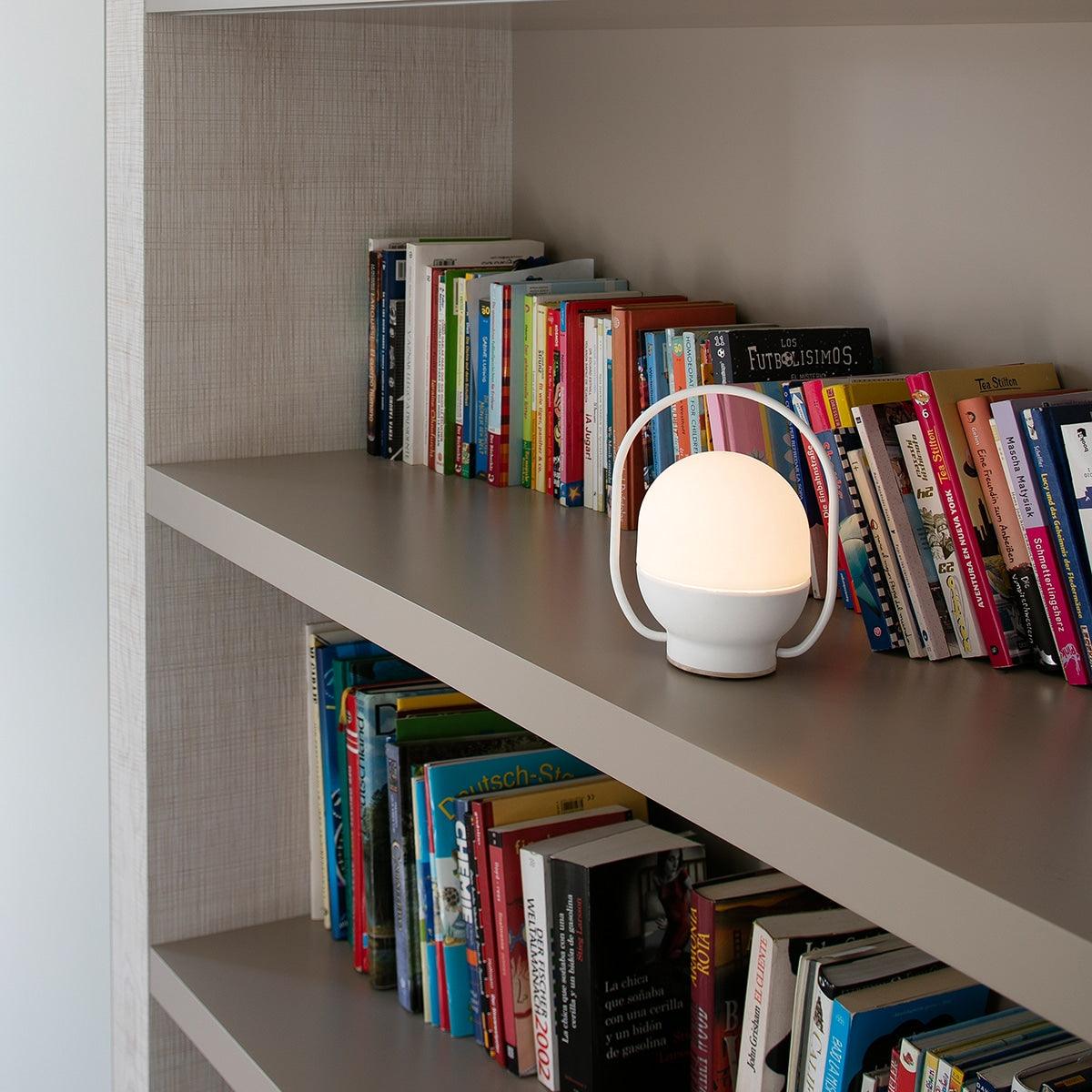 Portable LED Table Lamp with Glass Shade and Integrated Metal Handle for Indoor Use