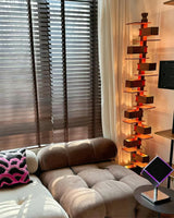 Modern Taliesin Style Stacked Wood Box Floor Lamp with Warm Ambient Uplight