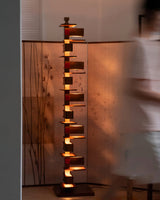Modern Taliesin Style Stacked Wood Box Floor Lamp with Warm Ambient Uplight