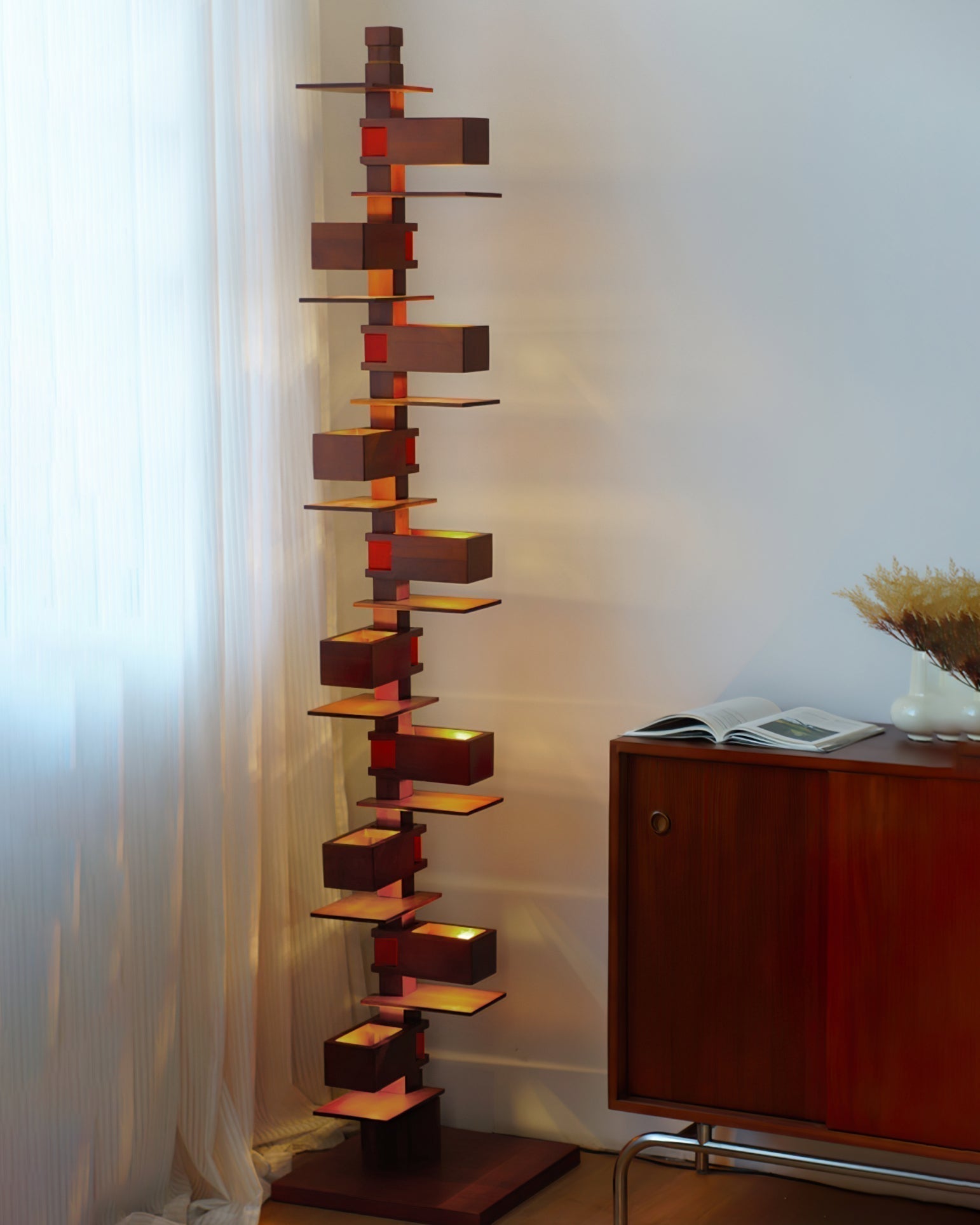 Modern Taliesin Style Stacked Wood Box Floor Lamp with Warm Ambient Uplight