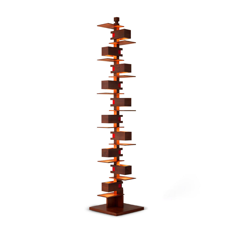 Modern Taliesin Style Stacked Wood Box Floor Lamp with Warm Ambient Uplight
