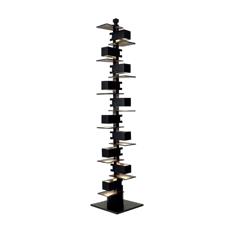 Modern Taliesin Style Stacked Wood Box Floor Lamp with Warm Ambient Uplight
