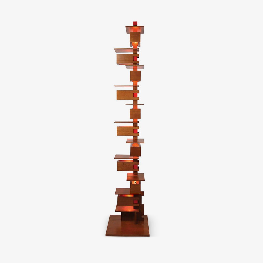 Modern Taliesin Style Stacked Wood Box Floor Lamp with Warm Ambient Uplight