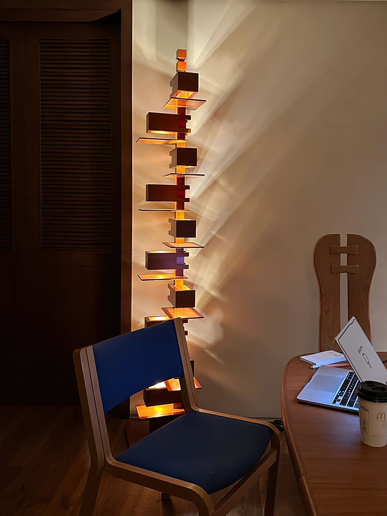 Modern Taliesin Style Stacked Wood Box Floor Lamp with Warm Ambient Uplight