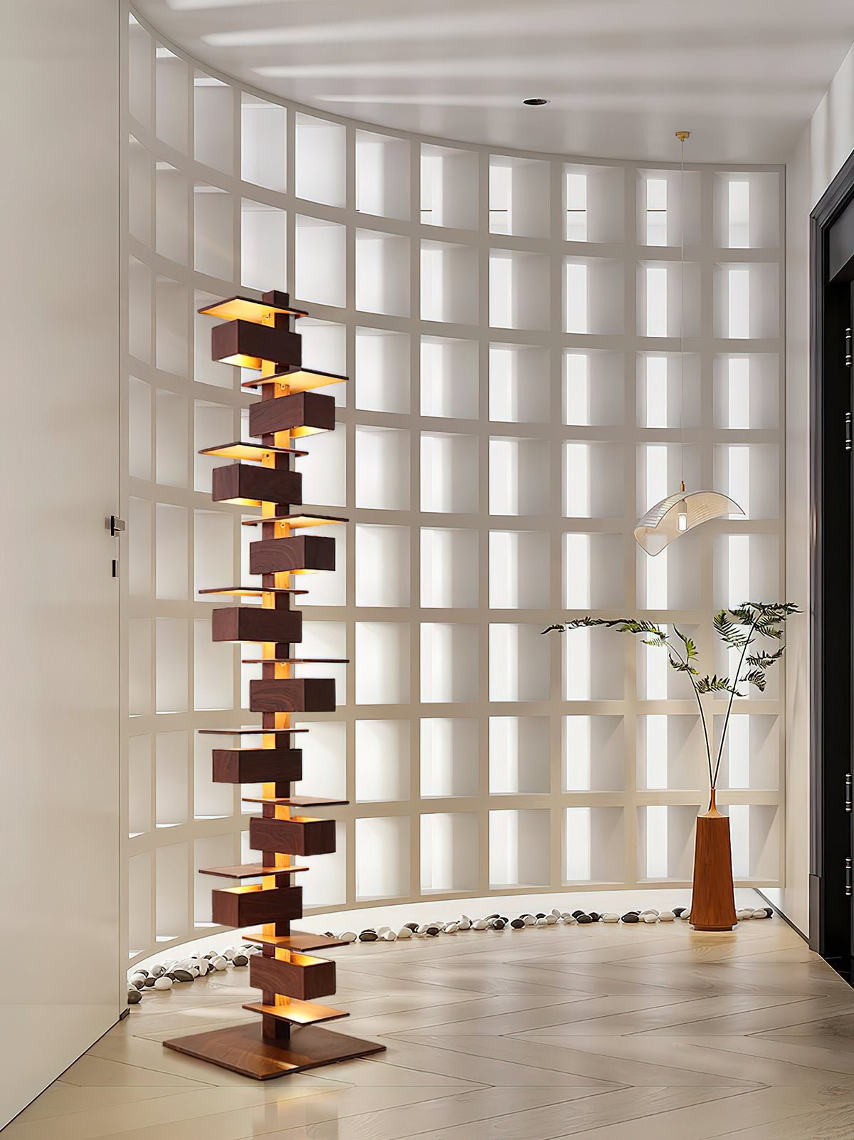 Modern Taliesin Style Stacked Wood Box Floor Lamp with Warm Ambient Uplight