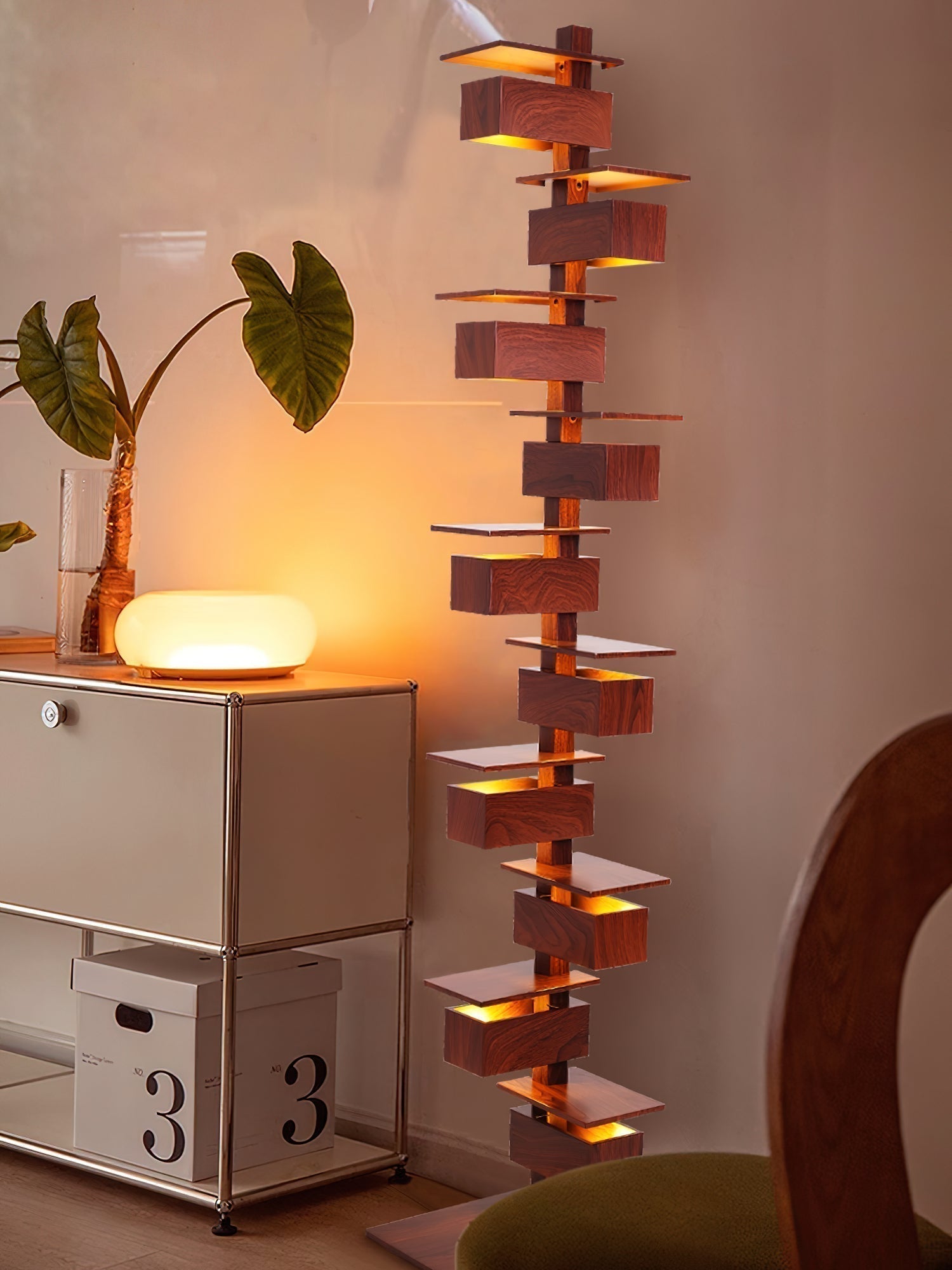 Modern Taliesin Style Stacked Wood Box Floor Lamp with Warm Ambient Uplight